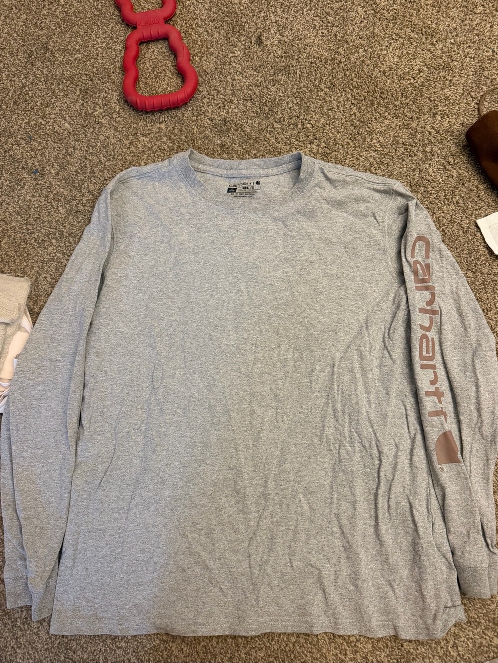 Carhartt Light Gray Long-Sleeve Crewneck Tee with Brown Sleeve Logo